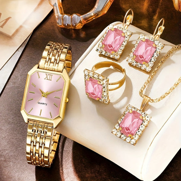 Elegant 5 pcs Women's Fashion Quartz Square Watch + New Square Shiny Necklace, Ring, Earrings Jewelry Set, Birthday, Christmas, New Year, Gift for Friends, Suitable for Daily Wear. goobingoo