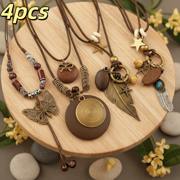 4pcs Bohemian Vintage Layered Necklace Set for Women – Feather, Butterfly, Star & Ethnic Charm Cord Necklaces with Beads, Boho Jewelry for Daily Wear & Parties goobingoo