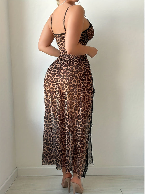 Women’s leopard print 2pcs lingerie set with sheer lace-trimmed maxi skirt, spaghetti strap top & thong. Sexy, flattering, perfect for Valentine’s Day. goobingoo