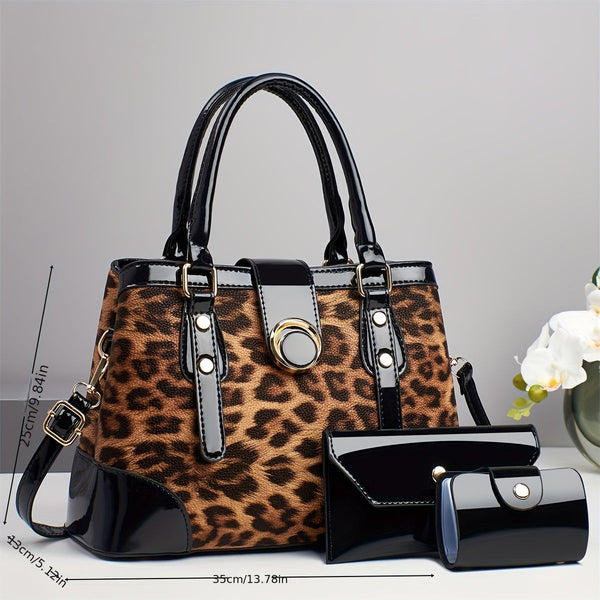 3pcs Women’s Handbag Set – Large Capacity Leopard Print Bags with Adjustable Crossbody & One-Shoulder Straps, Work, Party & Christmas Gift Set goobingoo