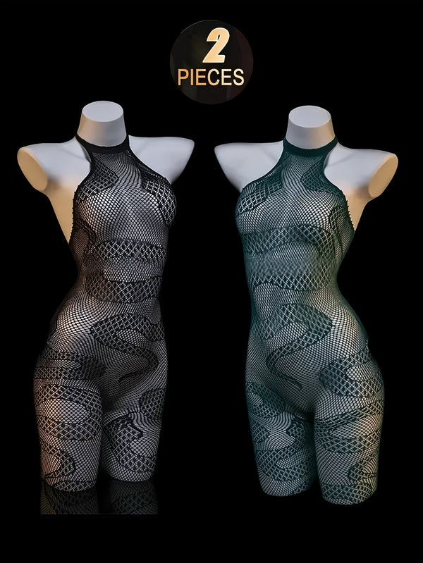 2-Piece Women’s Snake Print Bodysuit Set – Black & Green, Backless Sheer Mesh Lingerie for Couples’ Play & Bedroom Wear goobingoo