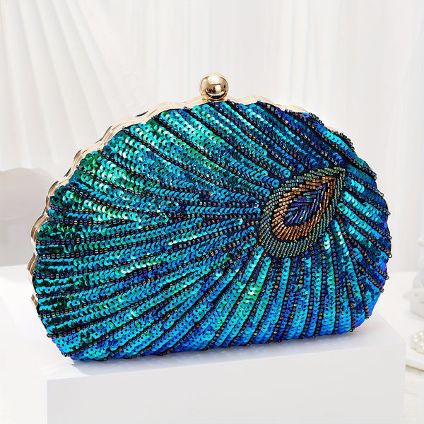 Luxury Peacock Sequin Evening Clutch Purse – Sparkly Feather Design Handbag for Women, Wedding & Dinner Party Bag goobingoo