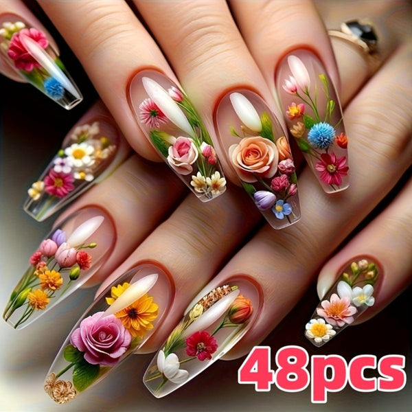 48pcs 3D Flower Press-On Nails – Medium Square Glossy Fake Nails with Jelly Glue & Nail File, Blue & Red Floral Design Nail Art for Women goobingoo