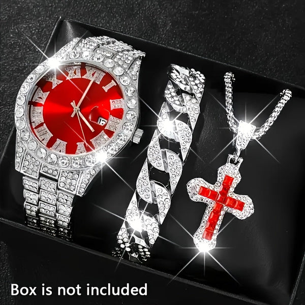 Men’s Luxury Quartz Watch Set – Silver Roman Numeral Rhinestone Watch, Cross Necklace & Bracelet goobingoo