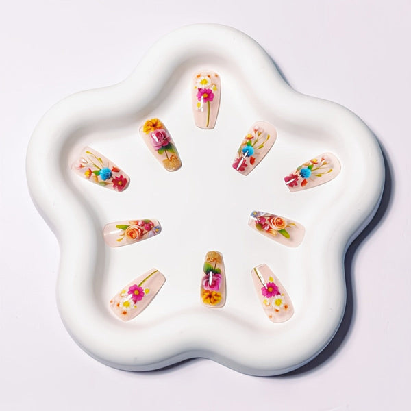 48pcs 3D Flower Press-On Nails – Medium Square Glossy Fake Nails with Jelly Glue & Nail File, Blue & Red Floral Design Nail Art for Women goobingoo