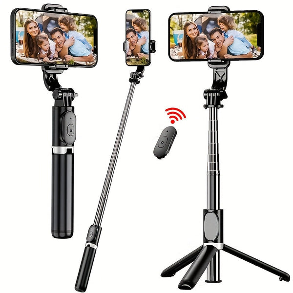 40" retractable selfie stick tripod with wireless remote and 360° rotation. Stable anti-shake design ideal for travel, vlogs, live streaming, iPhone & Android. goobingoo