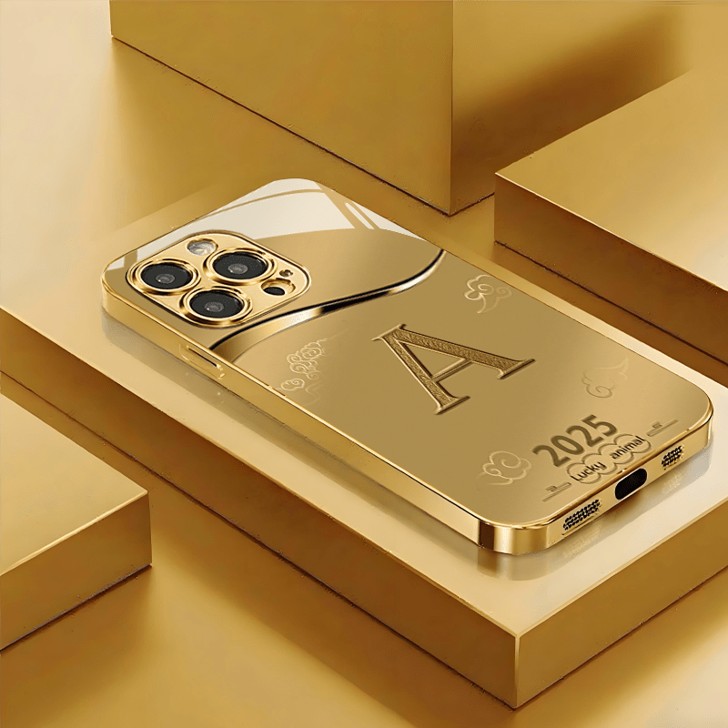 High-End Business Fashion Gold-Plated Tempered Glass Phone Case – Straight-Edge Minimalist Design (iPhone Compatible)