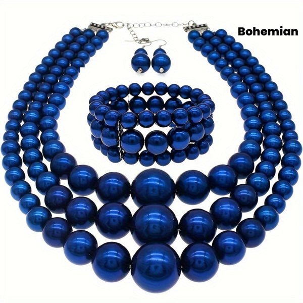 Bohemian Multi-Layer Faux Pearl Jewelry Set – Vintage 3-Piece Necklace, Bracelet & Earrings, Luxury Gift for Women goobingoo