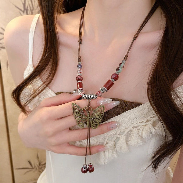 4pcs Bohemian Vintage Layered Necklace Set for Women – Feather, Butterfly, Star & Ethnic Charm Cord Necklaces with Beads, Boho Jewelry for Daily Wear & Parties goobingoo