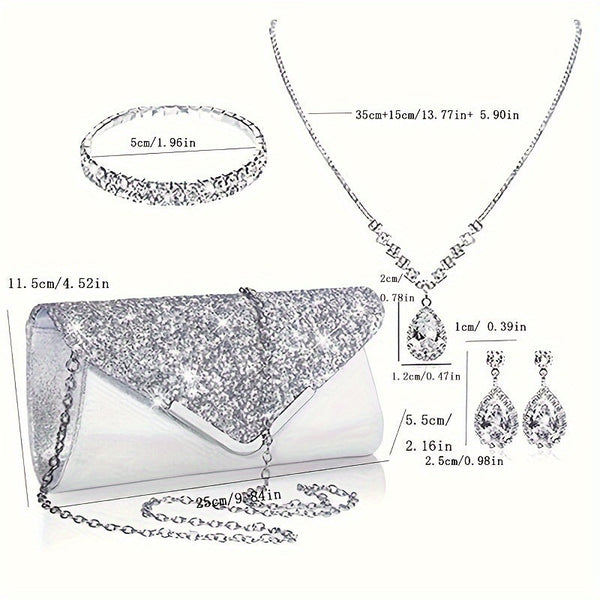 Luxury Women’s Sequin Evening Clutch & Jewelry Set – Rhinestone Chain Bag, Necklace, Earrings & Bracelet goobingoo