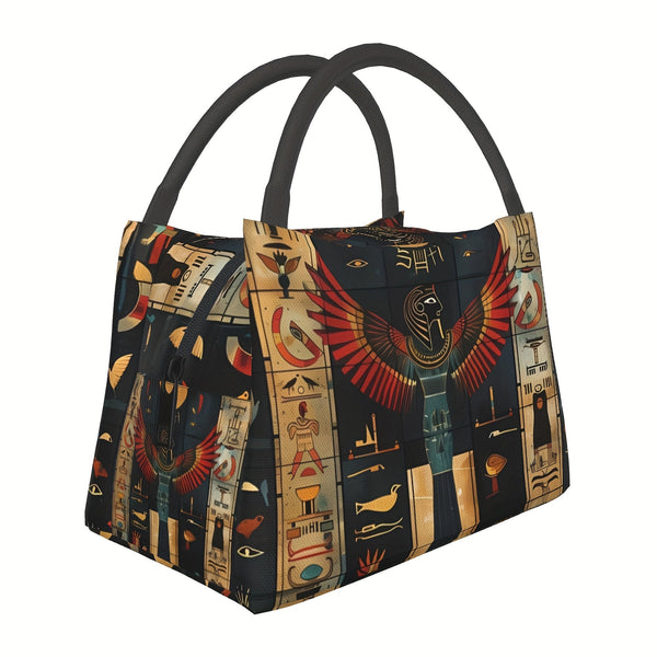 Ancient Egyptian pictorial insulated bento bag. Reusable, durable polyester with zip closure. Perfect for camping, beach, park, or travel adventures. goobingoo
