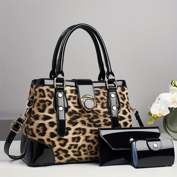 3pcs Women’s Handbag Set – Large Capacity Leopard Print Bags with Adjustable Crossbody & One-Shoulder Straps, Work, Party & Christmas Gift Set goobingoo