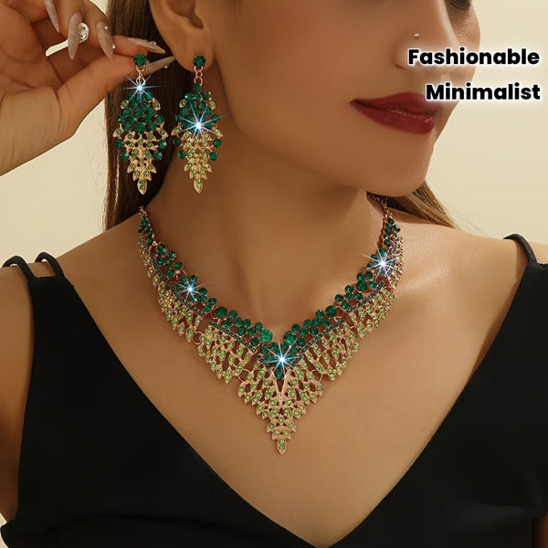 Green Necklace and Earrings Set for Women - Evening Wear Accessories, Fashionable Minimalist Jewelry Set goobingoo