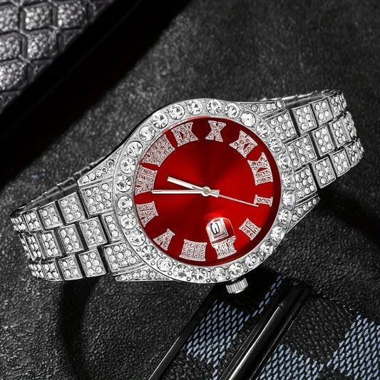 Men’s Luxury Quartz Watch Set – Silver Roman Numeral Rhinestone Watch, Cross Necklace & Bracelet