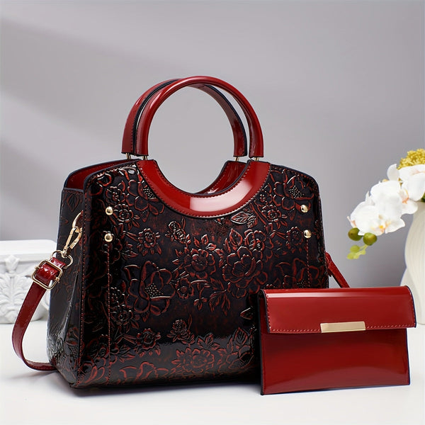 Women’s floral embossed handbag set with detachable, adjustable strap. Large capacity shoulder and tote bags for commuting, daily use, and stylish gifting. goobingoo