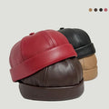 Adjustable Retro Brimless Docker Cap – PU Leather Solid Color Hat, Casual & Outdoor Beanie Style for Autumn & Winter goobingoo