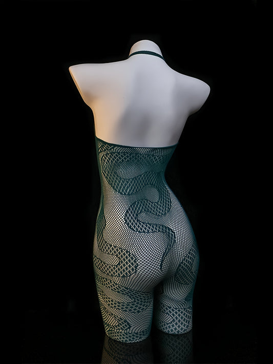 2-Piece Women’s Snake Print Bodysuit Set – Black & Green, Backless Sheer Mesh Lingerie for Couples’ Play & Bedroom Wear