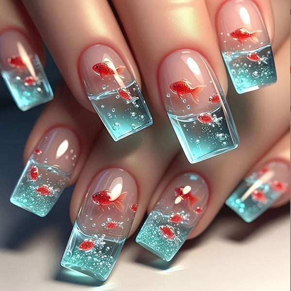 48pcs 3D Goldfish Floral Press-On Nails – Medium Square Glossy Fake Nails with Jelly Glue & Nail File, Summer Nail Art Set for Women goobingoo