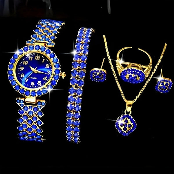 6pcs/Set Luxury Women's Watch And Fashion Jewelry Set, Elegant Rhinestone Quartz Watch Fashion Timepiece Jewelry Set goobingoo