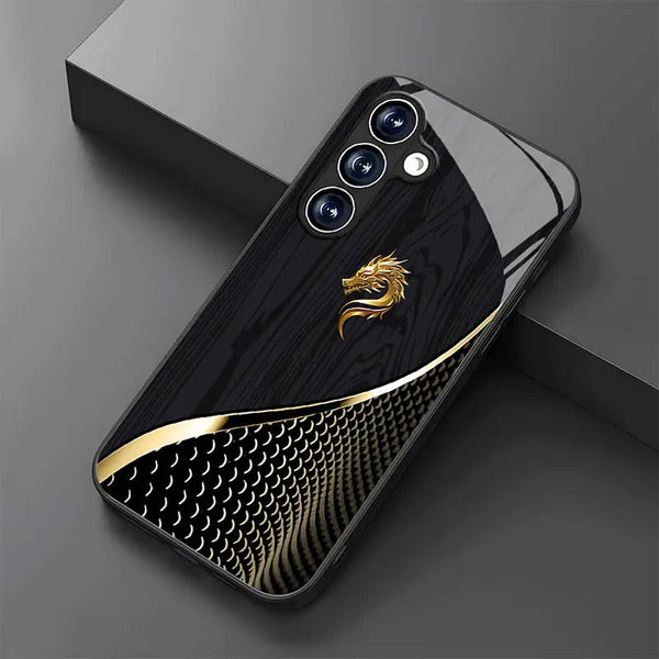 Golden Dragon tempered glass phone case for Samsung Galaxy S25, S24, S23 & more. Black texture design, slim, stylish, and impact-resistant protection. goobingoo