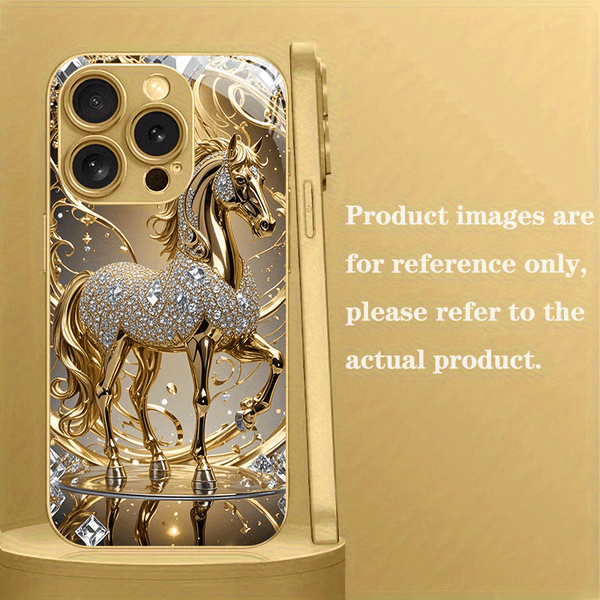 New Luxury Golden Series Phone Case – Diamond Accents & Golden Horse Motif (iPhone Compatible) goobingoo