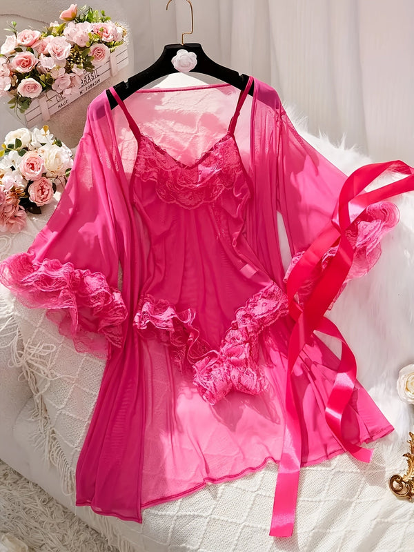 Women’s Sexy Lace See-Through Pajama Set – V-Neck with Flared Sleeves, Romantic Nightwear & Charming Homewear for Intimate Occasions goobingoo