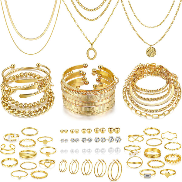 68PCS Gold Jewelry Set for Women Necklaces Bracelets Rings Earrings Bundle