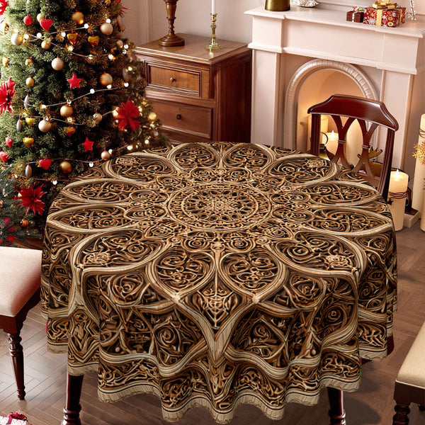 Round Mandala Table Cover – Golden & Brown Beige Fabric Tablecloth, Durable & Easy-to-Clean, Perfect for Christmas, Thanksgiving & Festive Dining goobingoo