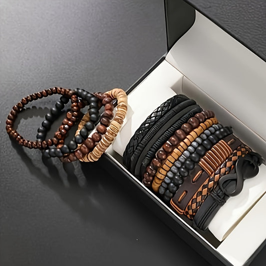13 Fashionable Street Style Wooden Bead Bead PU Leather Men's Bracelet Set Unisex for And to Wear On Daily Outings Trendy Fashion Jewelry with Cardboard (no Box)