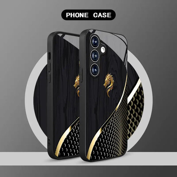 Golden Dragon tempered glass phone case for Samsung Galaxy S25, S24, S23 & more. Black texture design, slim, stylish, and impact-resistant protection. goobingoo