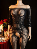 Women’s Sexy Mesh Bodystocking – Long Sleeve Fishnet Jumpsuit with Geometric Cut-Out Design for Intimate & Romantic Occasions goobingoo