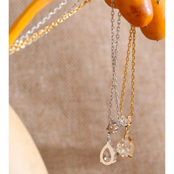 Cubic Zirconia Water Drop Pendant Necklace Stainless Steel