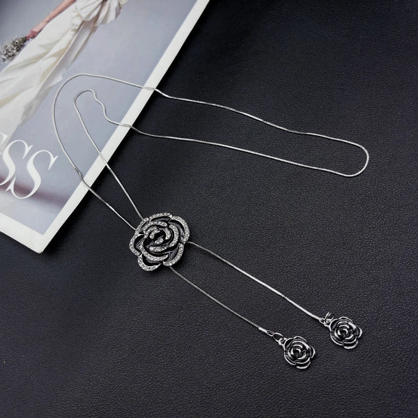 Black Rose Pendant Necklace Gothic Long Statement Chain