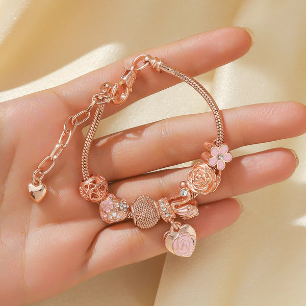 Rose Swan Charm Bracelet Love Drip Oil Cute Jewelry