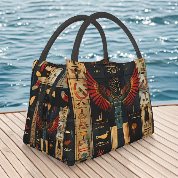 Ancient Egyptian pictorial insulated bento bag. Reusable, durable polyester with zip closure. Perfect for camping, beach, park, or travel adventures. goobingoo