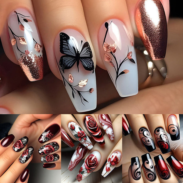 96pcs (4 Pack) Press-On Nails – 3D Butterfly, Heart & Rose Design, Mid-Length Ballet Shape Glossy Fake Nails with Nail File for Parties & Daily Wear goobingoo