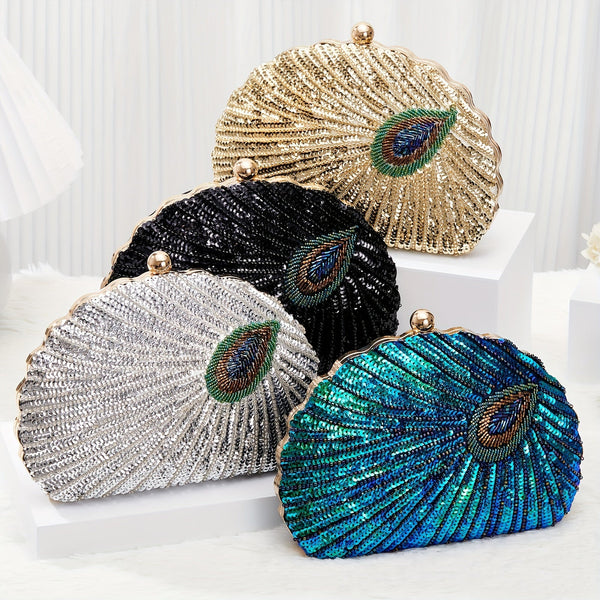 Luxury Peacock Sequin Evening Clutch Purse – Sparkly Feather Design Handbag for Women, Wedding & Dinner Party Bag goobingoo