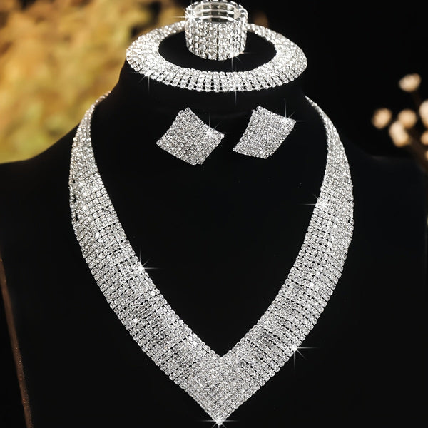 Luxury 5pcs Synthetic Zirconia Jewelry Set for Women – Earrings, Necklace, Bracelet & Ring, Bridal Wedding & Party Accessories, Gift for Wife or Girlfriend goobingoo