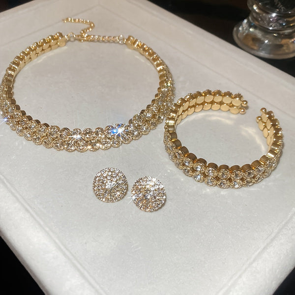 Sparkling Rhinestone Jewelry Set for Women – 3pcs Collar Necklace, Matching Bracelet & Earrings, Elegant Party & Wedding Accessories goobingoo