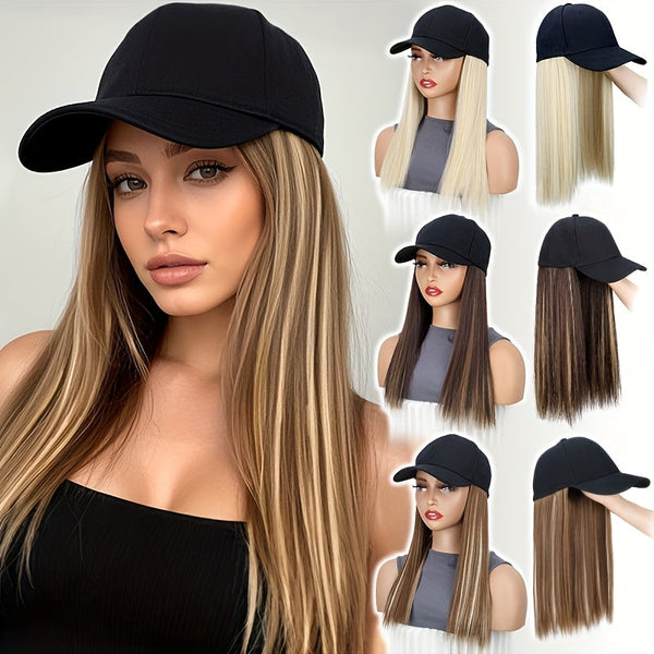 Natural-Looking Long Straight Black Synthetic Hair Wig with Bangs & Cap Extension goobingoo