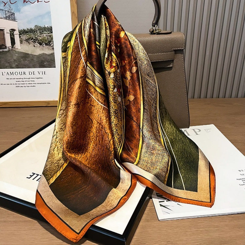 Mulberry Silk Scarf for Women – Brown Abstract Art Print, Luxury Silk Neck & Hair Scarf, 25.6", Elegant Gift for Christmas & Valentine’s Day