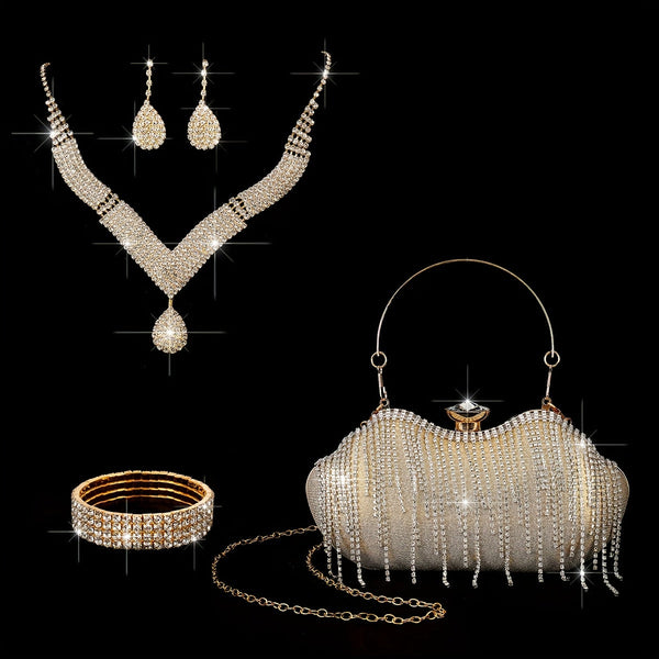 4pcs rhinestone sunflower clutch & jewelry set. Elegant square dinner bag with black floral gemstones, perfect for parties, balls, and weddings. goobingoo