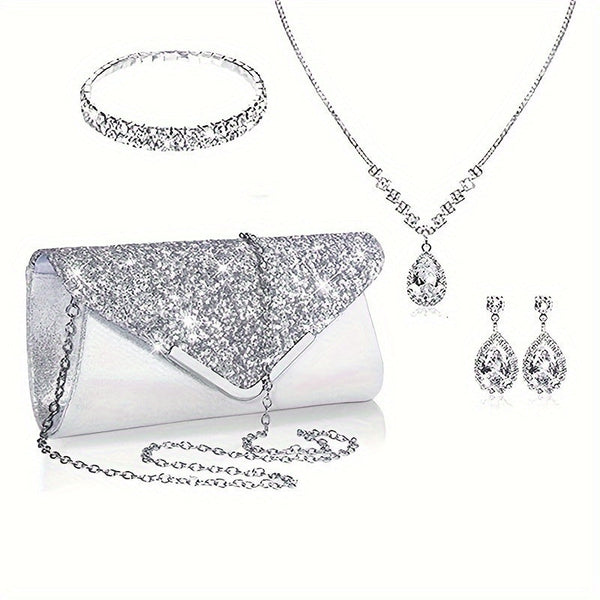 Luxury Women’s Sequin Evening Clutch & Jewelry Set – Rhinestone Chain Bag, Necklace, Earrings & Bracelet goobingoo