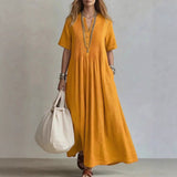 goobingoo Women's V-Neck Pleated Cotton Linen Dress