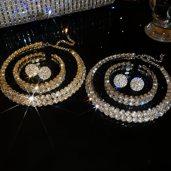Sparkling Rhinestone Jewelry Set for Women – 3pcs Collar Necklace, Matching Bracelet & Earrings, Elegant Party & Wedding Accessories goobingoo