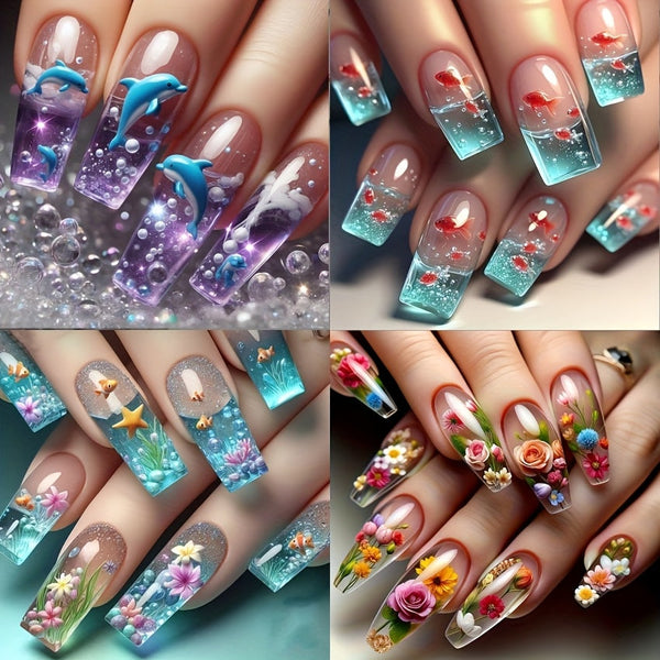 96pcs 3D Goldfish & Starfish Press-On Nails – Blue Aquarium-Themed Ballet Fake Nails with Jelly Glue & Nail File, Summer Nail Art Set for Women goobingoo