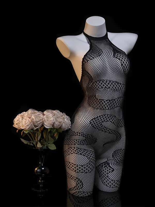 Women’s Snake Print Bodysuit – Backless Sheer Mesh Lingerie, Sexy Adult Bedroom Outfit for Couples & Theme Parties goobingoo