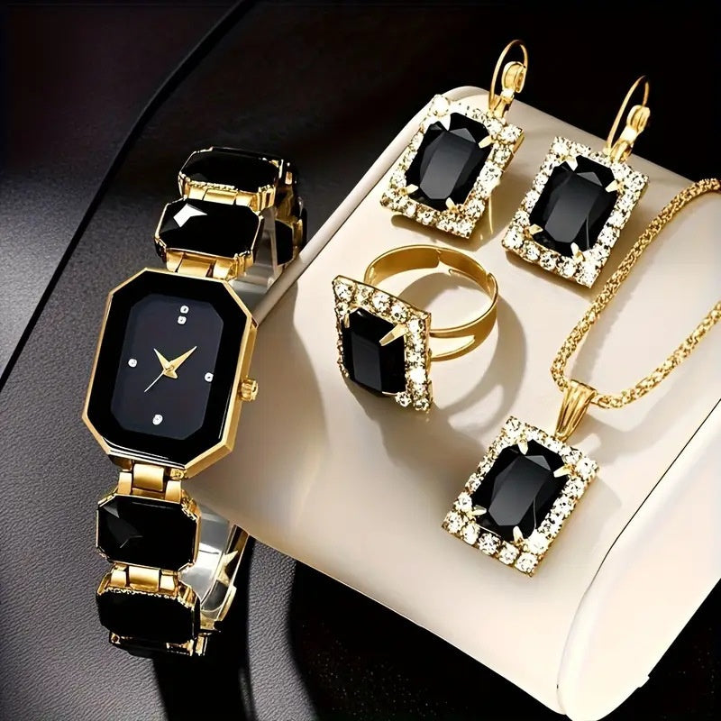 Women’s Jewelry & Watch Set, 5-Piece Green Gold Bracelet, Necklace, Earrings, Ring & Quartz Watch goobingoo
