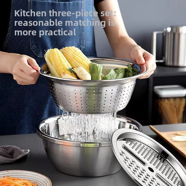 3PC Stainless Steel Kitchen Prep Set ? Bowl, Strainer & Grinder Combo with Drain System goobingoo