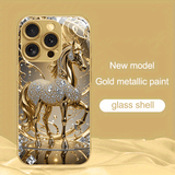 New Luxury Golden Series Phone Case – Diamond Accents & Golden Horse Motif (iPhone Compatible)